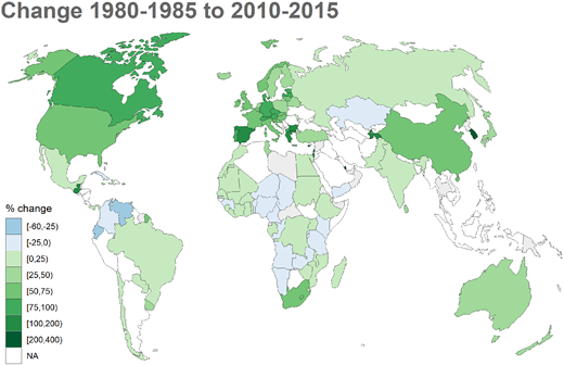 Variation en pourcentage des accouchements doubles pour 1 000 accouchements entre 1980–1985 et 2010–2015